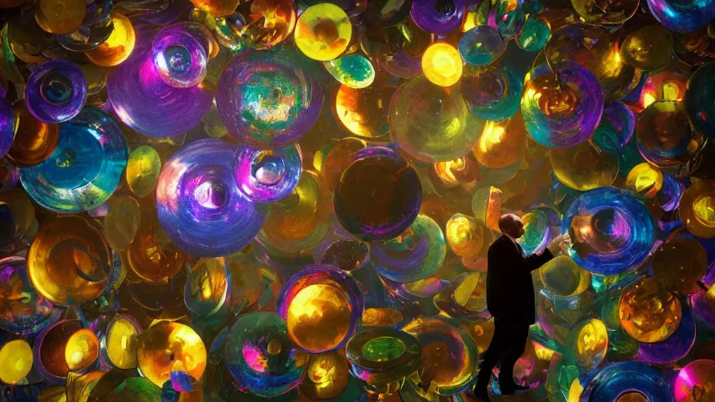 Prompt: swarm of colorful glowing iridescent discs surrounding an english man, by greg rutkowski