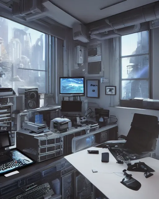 Image similar to artstation scifi scene of a complex computer workstation in a small studio apartment room, many monitors, many electronics, a window view, very detailed, maximalism, ambient occlusion, volumetric light, atmospheric haze, unreal engine, hyper realism, realistic shading, cinematic composition, realistic render, octane render, detailed textures, photorealistic, wide shot