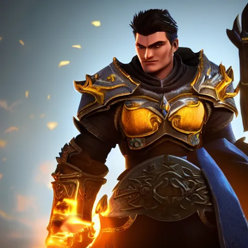 Prompt: 4 k unreal engine render of garen wearing lich king's armor ultra details digital art