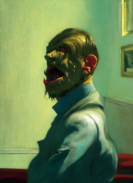 Image similar to he dreams of all the battles won, but fate had left its scars upon his face, depth of field, hauntingly surreal, highly detailed oil painting, by francis bacon, edward hopper, adrian ghenie, glenn brown, soft light, 8 k hd, cinematic composition, cinematic lighting in red, green and blue colours