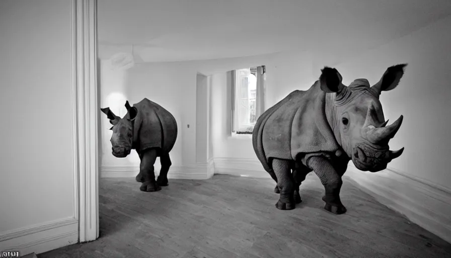 Image similar to a rhinoceros in a french townhouse interior, by mini dv camera, very very low quality, heavy grain, very blurry, accidental flash, caught on trail cam