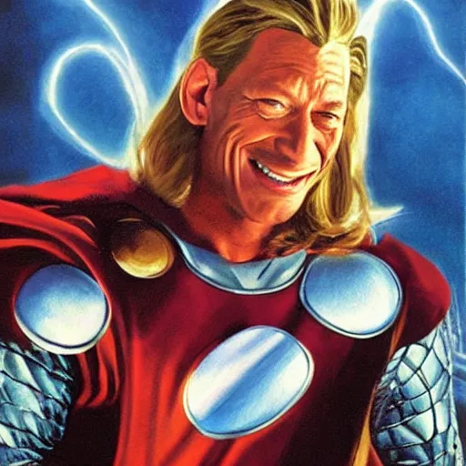 Image similar to jim varney as thor, painted by alex ross