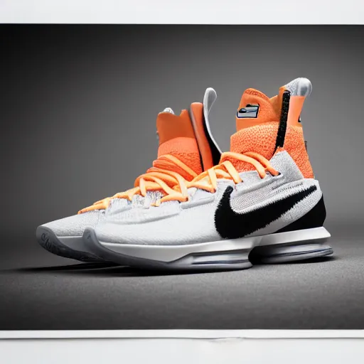 Image similar to a studio photoshoot of A Nike Lebron sneaker designed by Virgil Abloh, mesh fabrics, Off-White, realistic, color film photography by Tlyer Mitchell, 35 mm, graflex