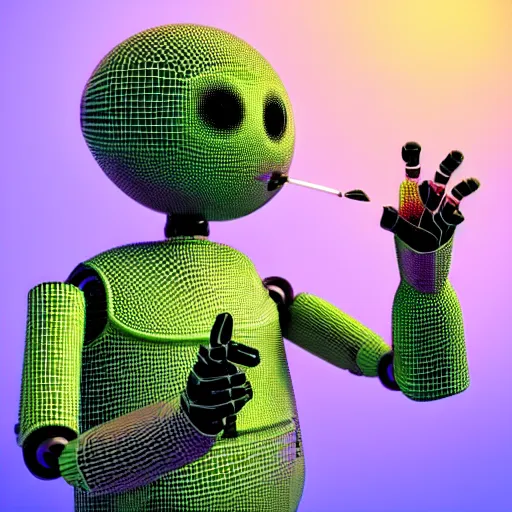 Image similar to a photorealistic 3 d render made in blender of a colourful friendly robot being poked in the eye by a man with a stick. background is a purple gradient