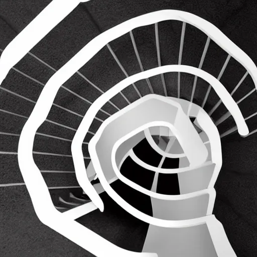 Image similar to minimalist design of a figure falling down a spiral staircase, overhead view, simple shapes, 2 colors