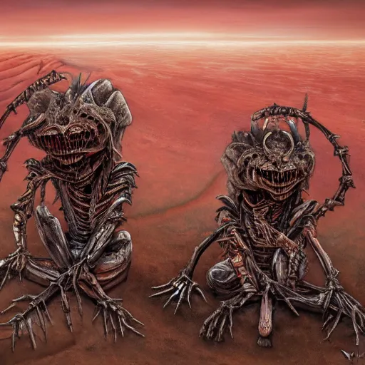 Image similar to conjoined demon twins sitting in a desert holding knives by Yoshitaka Amano, by HR Giger, biomechanical, 4k, hyper detailed, hyperrealism, anime, a Broken World demons flying overhead, red sky, deviantart, artstation