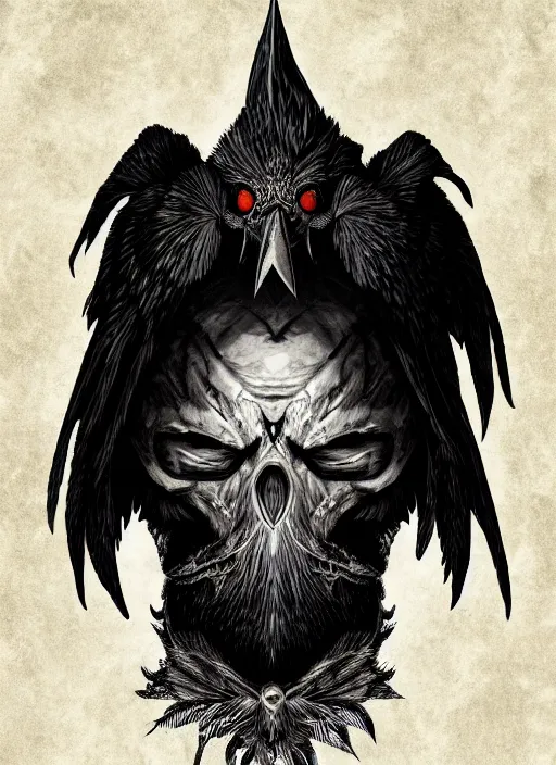 Image similar to warlock with the head of a raven, wind magic, exquisite details, black beard, white background, by studio muti