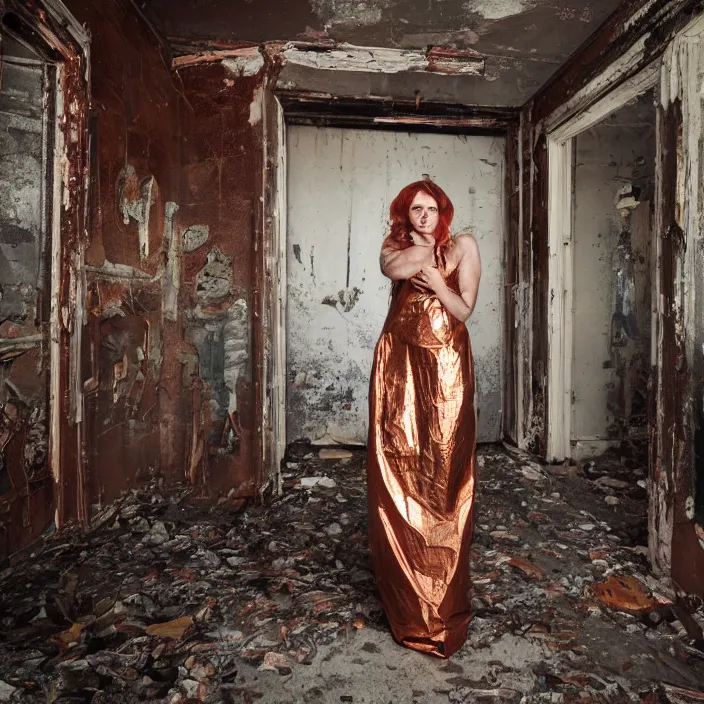 Image similar to closeup portrait of a woman wrapped in copper cellophane, standing in a derelict building interior, color photograph, by gregory crewdson, canon eos c 3 0 0, ƒ 1. 8, 3 5 mm, 8 k, medium - format print