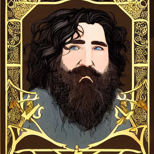 Prompt: art nouveau portrait of tom kenny as a dwarven barbarian with full luscious groomed beard, long flowing hair, a cheeky smile, gold filigree, mucha