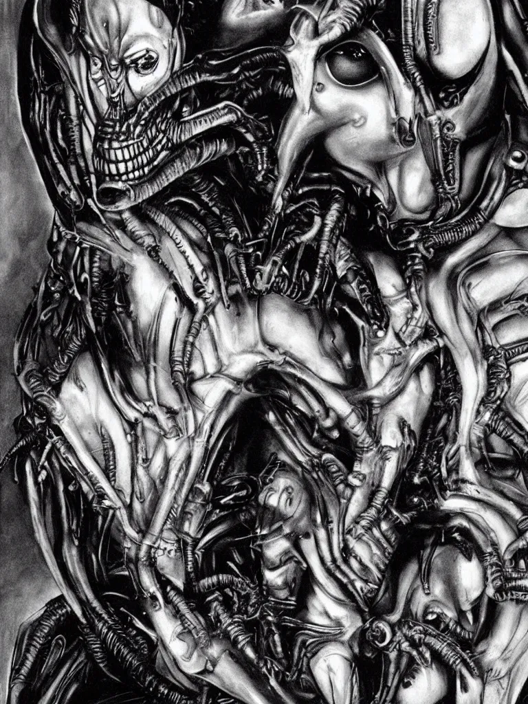 Image similar to sigourney weaver with a xenomorph alien queen by h. r. giger