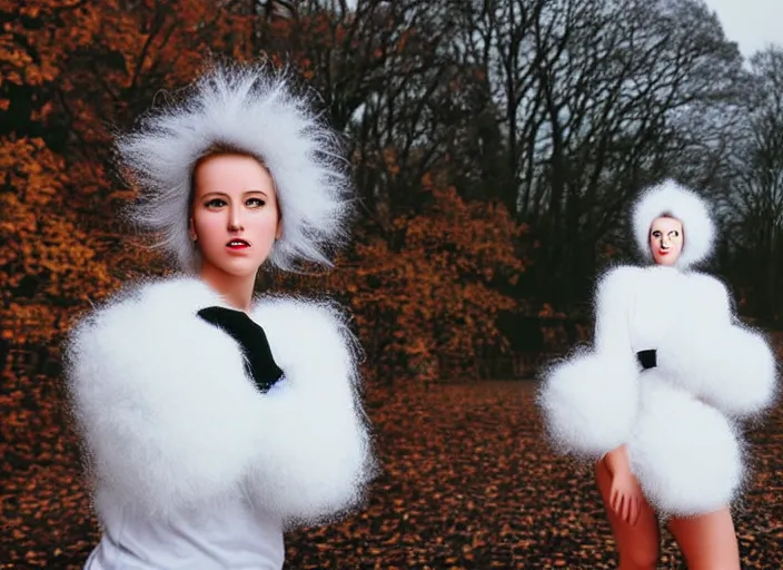 Prompt: realistic photo portrait of the woman volleyball team white cotton fluffy bird white carnival costumes shorts, fluffy pigeon head face portrait, wood in autumn, grey dusk sky with black clouds 1 9 9 0, life magazine reportage photo,