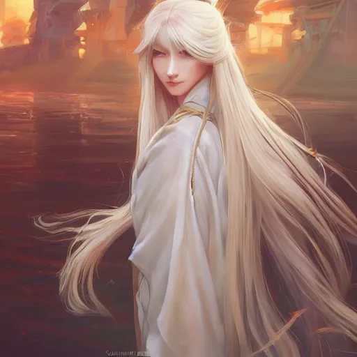 Image similar to a beautiful digital painting of a beautiful woman with long white hair wearing a kimono, by Stanley Artgerm Lau, WLOP, Rossdraws, James Jean, Andrei Riabovitchev, Marc Simonetti, and Sakimichan, trending on artstation, SFW version