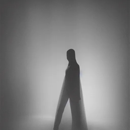 Prompt: a misty empty futuristic white minimal liminal space dark mood black and white photography shot by floria sigismondi