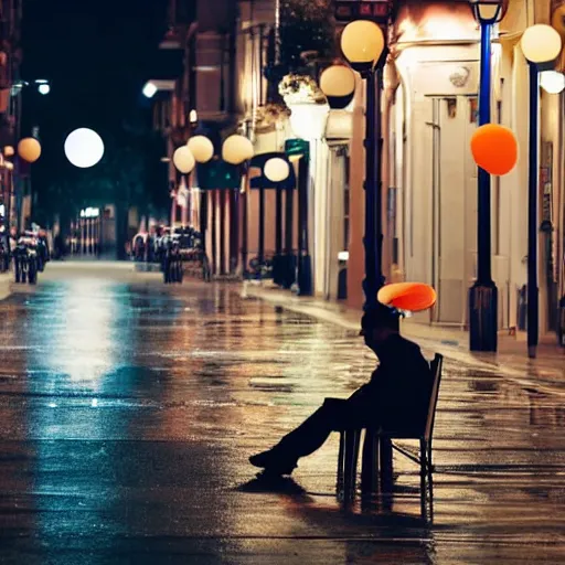 Prompt: a man sitting in street furniture while raining holding a balloon at night