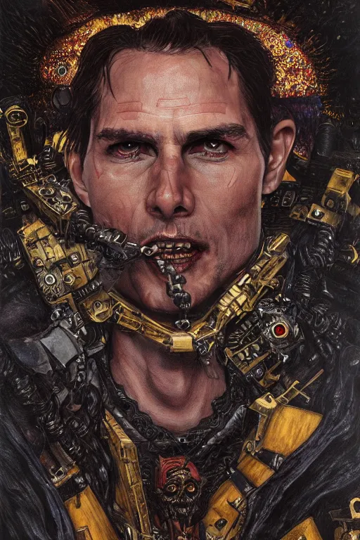Image similar to portrait of demonic gothic Tom Cruise holy priest, cyberpunk, Warhammer, highly detailed, artstation, illustration, art by Gustav Klimt