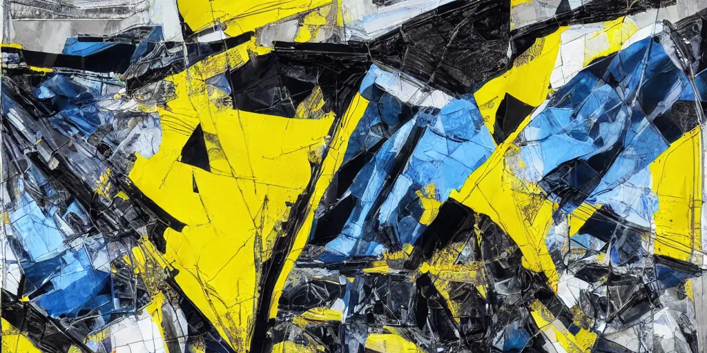 Prompt: rendered in blender car crash test, yellow, blue and black, collage paper and tape, acrylic on canvas, hyperrealism mixed with expressionism, high resolution, cinematic, unreal 6, breathtaking detailed, by blake neubert