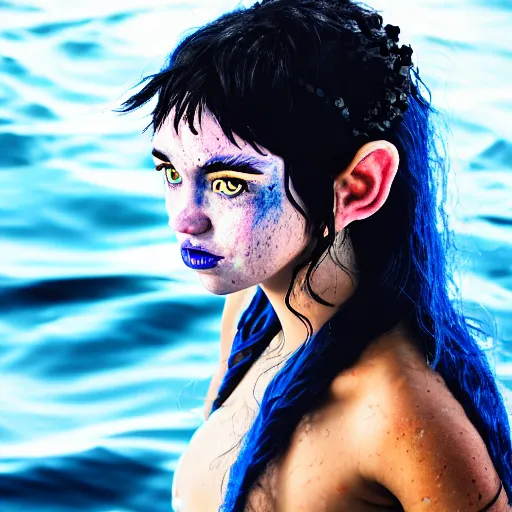 Prompt: a dnd Triton girl with blue skin and messy black hair wearing a black swimsuit sitting on the deck of a ship and holding an apple, a little blue-skinned girl with messy black hair sharp pointed ears freckles along the ridges of her cheeks, dnd triton, high resolution film still, 4k, HDR colors