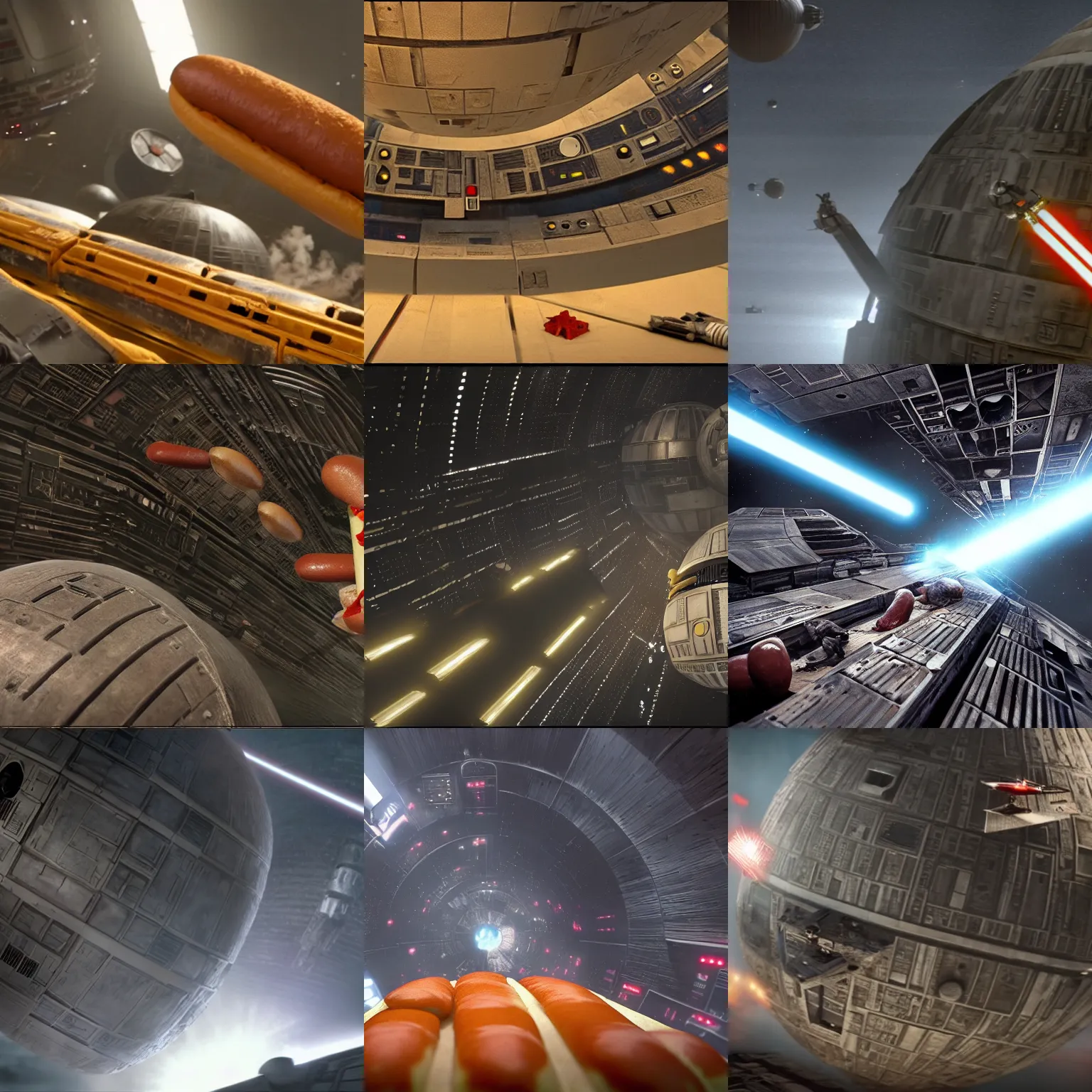 Prompt: a hot dog flying down the death star trench in star wars, movie cgi, industrial light and magic, 4 k, vfx