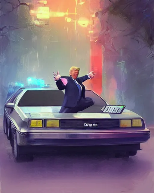 Prompt: donald trump in a flying delorean with doc emmet brown posing for the camera, neon lights, portrait, illustration, rim light, top light, perfectly shaded, spring time, slight overcast lighting, soft painting, art by krenz cushart and wenjun lin