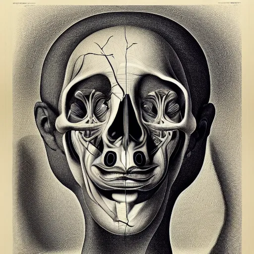 Image similar to surreal head anatomical atlas dissection center cut, lithography on paper conceptual figurative ( post - morden ) monumental dynamic soft shadow portrait drawn by hogarth and escher, inspired by goya, illusion surreal art, highly conceptual figurative art, intricate detailed illustration, controversial poster art, polish poster art, geometrical drawings, no blur