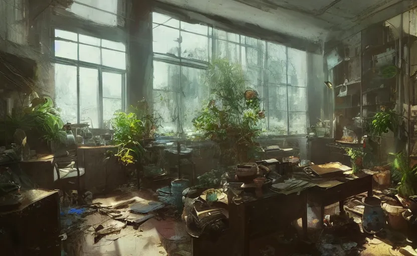 Prompt: a stylish artist studio interior, messy, many plants, painting by Craig Mullins, octane rendering, soft morning lighting, ultra wide angle lens, low view, in the style of Hayao Miyazaki, trending on artstation,