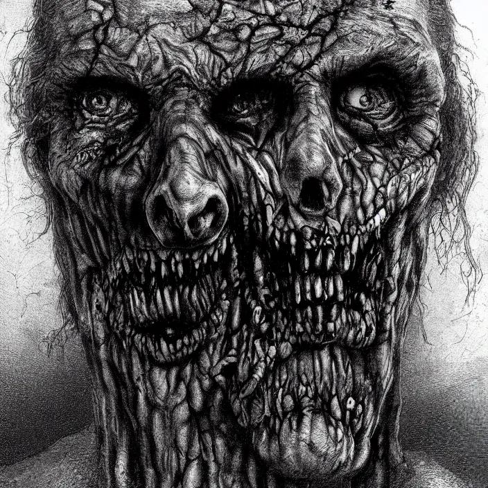 Image similar to extreme closeup portrait of a zombie face, creepy atmosphere, dark, portrait, very realistic, illustration by gustave dore