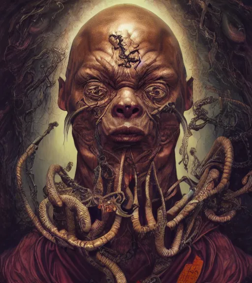 Prompt: portrait, nightmare anomalies, monk by dariusz zawadzki, kenneth blom, mental alchemy, james jean, pablo amaringo, naudline pierre, contemporary art, hyper detailed