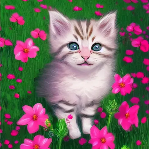 Image similar to cute kitten with pink flowers, digital art, concept art, gemmy woud binnendijk, nixeu, artgerm