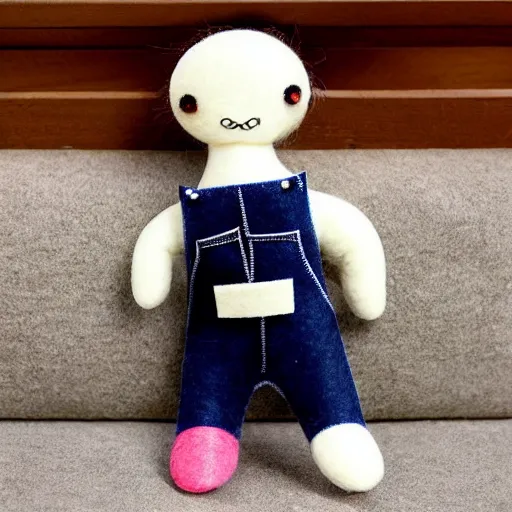 Image similar to a cute elegant felt plush doll wearing overalls