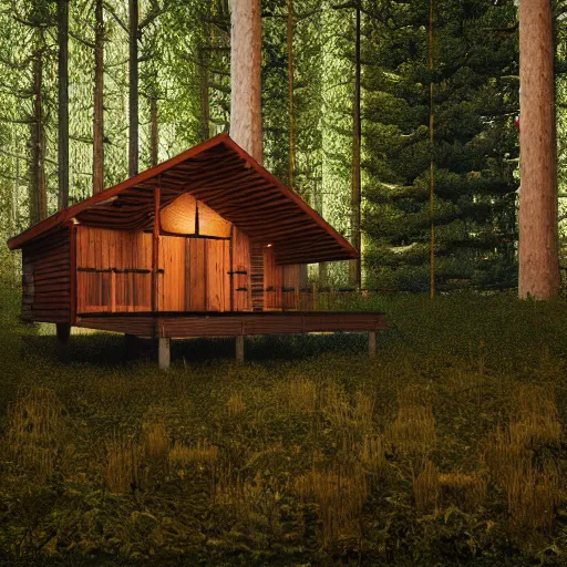 Image similar to 3 d render, isometric forest, photoreal, cabin in the woods