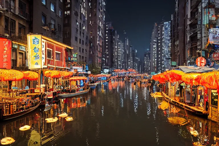Prompt: a far-future flooded Manhattan Chinatown during a festival at dusk, with paper lanterns, banners, lights, and canal streets with people in gondolas and other boats floating by, sparkling water, low angle, wide angle, beautiful, warm dynamic lighting, atmospheric, cinematic, highly detailed digital art, in the style of Canaletto