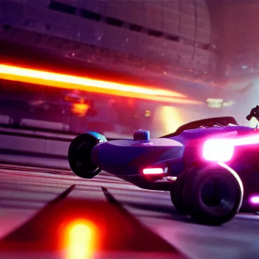 Image similar to Still of F-Zero race in the movie Blade Runner, full body, cinematic lighting, 4k