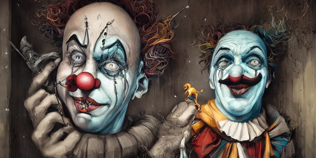 Image similar to a clown portrait in cloistered alleyway dreaming of a circus, in the style of peter mohrbacher by weta digital and francis bacon, high face symmetry, intricate, masterpiece, award winning, high face symmetry, intricate