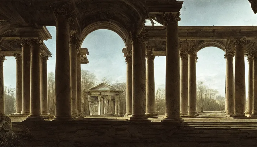 Prompt: 1 9 7 0 s andrei tarkovsky movie still of a neoclassical aqueduc, by piranesi, panoramic, ultra wide lens, cinematic light, anamorphic, marble hole