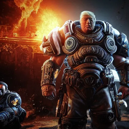Prompt: photo portrait of donald trump as god emperor in gears of war, splash art, movie still, detailed face, photorealistic facial features, cinematic lighting, dramatic, octane render, long lens, shallow depth of field, bokeh, anamorphic lens flare, 8 k, hyper detailed, 3 5 mm film grain