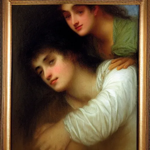 Image similar to young man in orange t - shirt and young woman with black hair hugging, by pierre - auguste cot