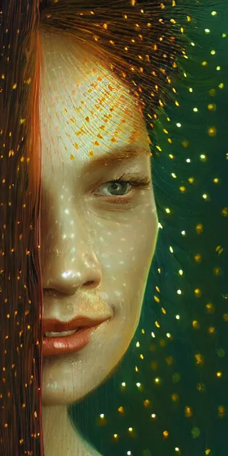 Prompt: a totally amazed smiling fit woman surrounded by golden firefly lights in a mesmerizing scene, sitting amidst nature fully covered! intricate detailed dress, long loose red hair, precise linework, accurate green eyes, small nose with freckles, beautiful smooth oval head, expressive emotions, hyper realistic ultrafine portrait by artemisia gentileschi, jessica rossier, boris vallejo