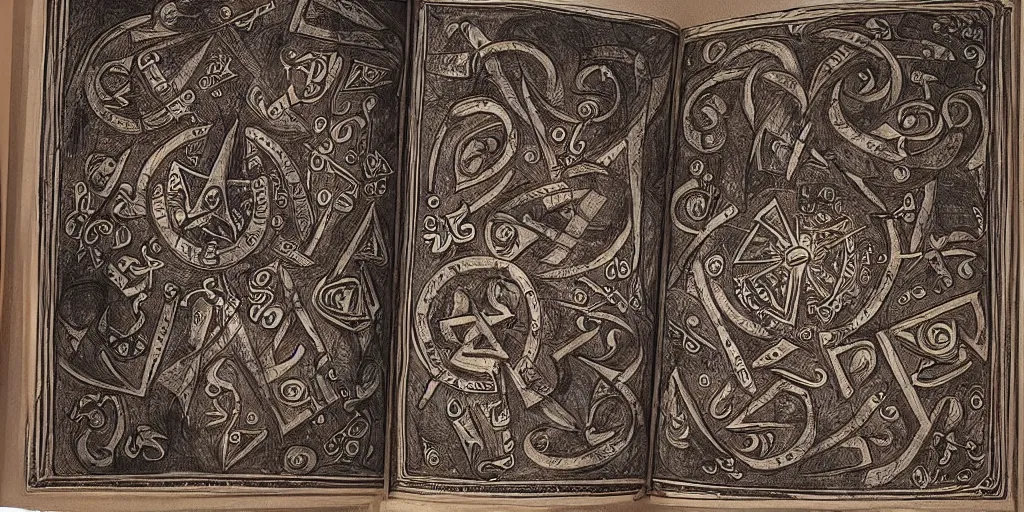 Image similar to a very detailed book of spells with ornate cryptic symbols drawn on the pages