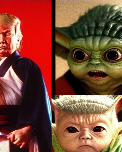 Image similar to Donald Trump as Ronin Ogami Ittō in Lone Wolf and Cub and Baby Yoda as Daigorō, photorealistic, Cinematic, Japanese