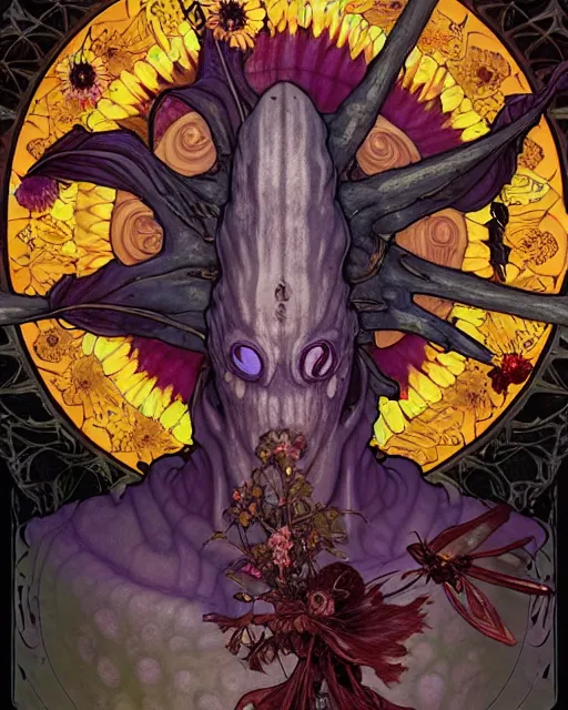 Image similar to the platonic ideal of flowers, rotting, insects and praying of cletus kasady carnage thanos davinci nazgul wild hunt chtulu mandala ponyo heavy rain the witcher, d & d, fantasy, ego death, decay, dmt, psilocybin, concept art by randy vargas and greg rutkowski and ruan jia and alphonse mucha