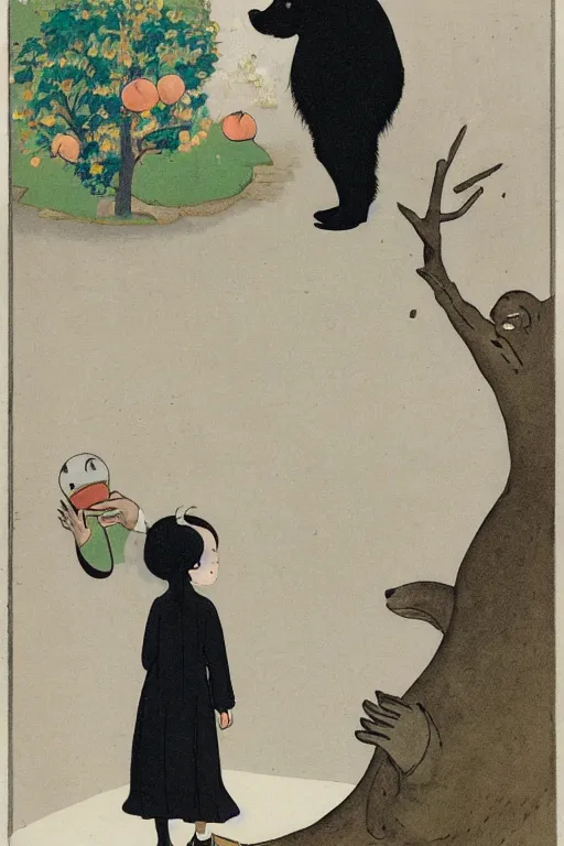 Image similar to a young smiling girl gives a peach to a really large anthropomorphic asian black bear, in the style of foujita tsuguharu