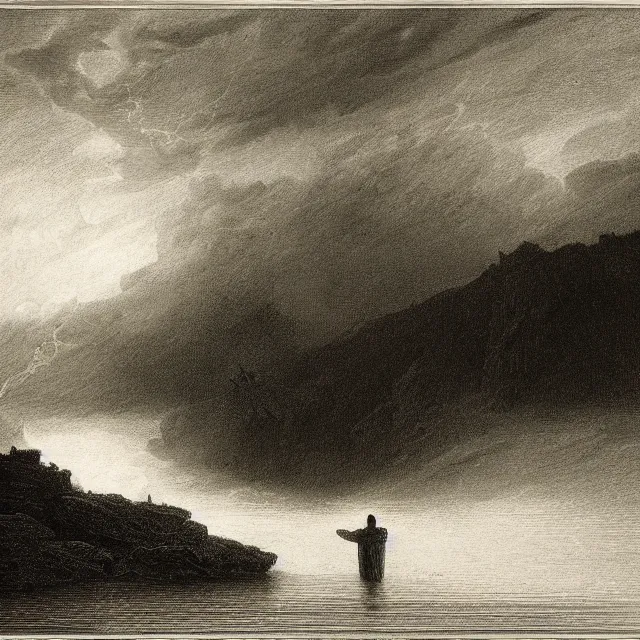 Image similar to an engraving of jesus in a river by gustave dore, caspar david friedrich, foggy, depth, strong shadows, stormclouds, illuminated focal point, highly detailed