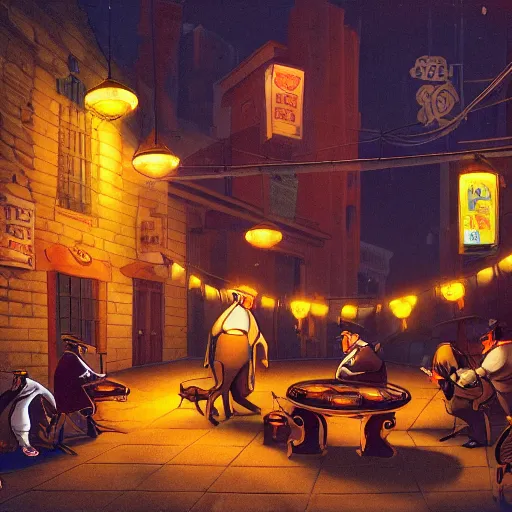 Prompt: fat rats gambling with a single light overhead, down a dark alleyway, smoking, roaring 2 0 s