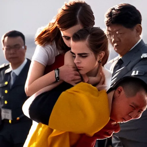 Image similar to angry emma watson putting xi jinping in a headlock as security agents close, trending on artstation