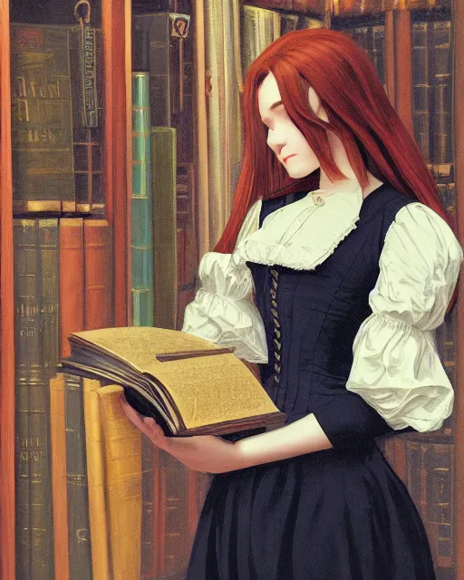 Prompt: a portrait of a victorian maid with long, flowing, auburn hair, detailed face, large eyes, standing in a victorian reading room, window, short bookshelf, holding a stack of books, vivid colors, soft lighting, atmospheric, cinematic, moody, in the style of Ilya Kuvshinov and Range Murata, Krenz Cushart, oil on canvas, anime, 8K