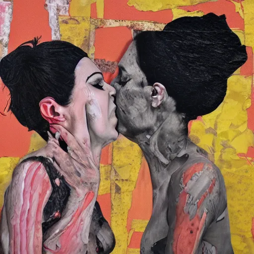 Image similar to mixed media collage of two women kissing, highly detailed, oil paint and canvas texture, punk expressionism