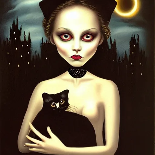 Prompt: a painting of a woman holding a cat, an airbrush painting by mark ryden, deviantart, gothic art, gothic, goth, tarot card