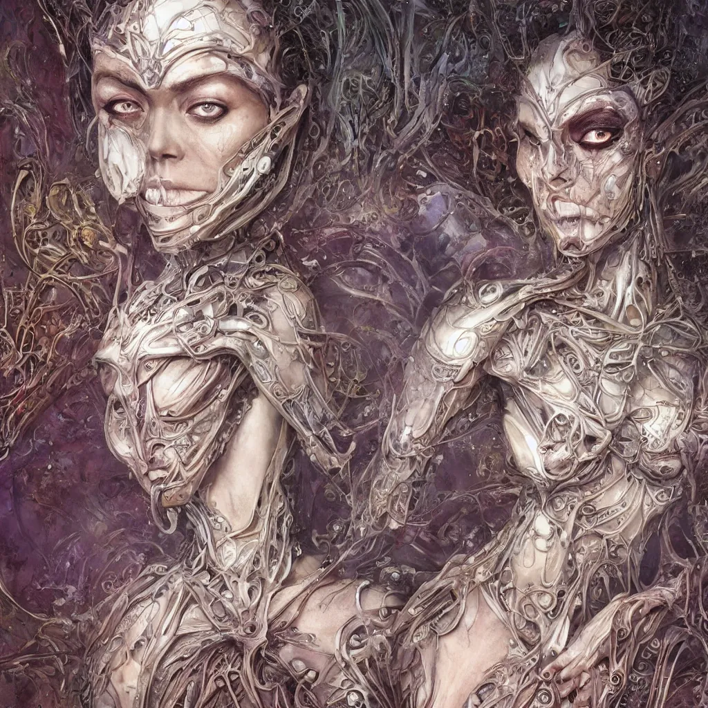 Image similar to beautiful and exotic alien queen body portrait, glowering judging eyes, art nouveau declotage, perfect symmetrical facial features, hyperrrealistic bone structure, extremely hyperdetailed, mixed media painting, unreal engine, 8 k, octane, 8 mm, by travis charest, rodney matthews, olivia de bernardinis