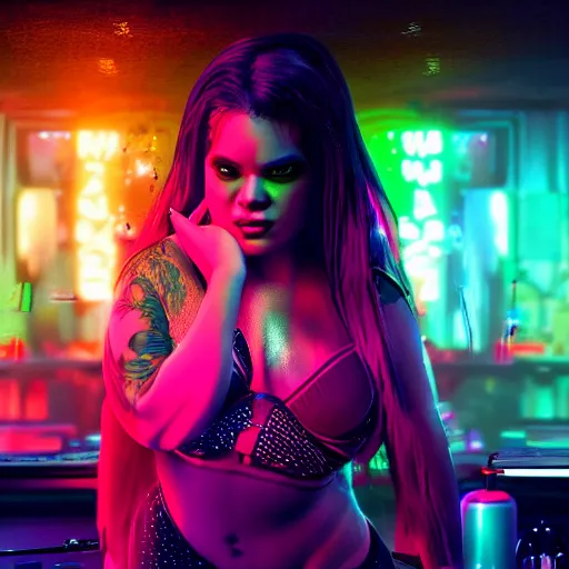 Prompt: cyberpunk beautiful trisha paytas self portrait listening to music in a colourful club, macro, vibrant, 3 0 mm photography, wide shot, dramatic lighting, octane render, hyperrealistic, high quality, highly detailed, artstation, hd, beautiful, cinematic, 8 k, unreal engine, facial accuracy, symmetrical