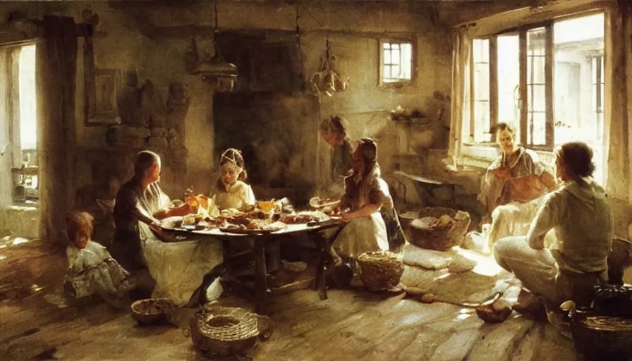 Image similar to simple villager family about to eat a meal together in their beautiful simple cottage home, art by anders zorn, wonderful masterpiece by greg rutkowski, beautiful cinematic light, american romanticism thomas lawrence, greg rutkowski